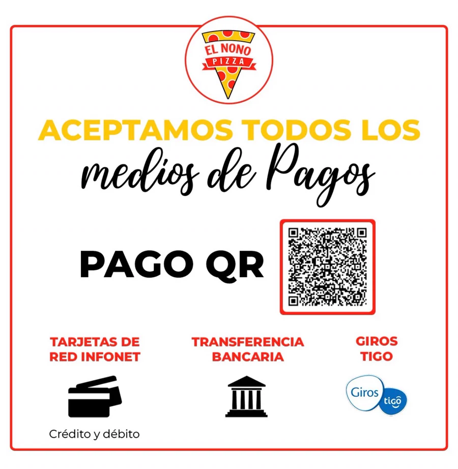Aceptamos todos los medios de pago: pago QR, tarjetas de crédito y débito de la red Infonet, transferencia bancaria y Giros Tigo